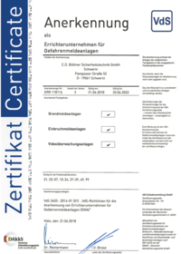 VdS / Errichter für GMA (Brandmelde-, Einbruchmelde- und Videoüberwachungsanlagen)